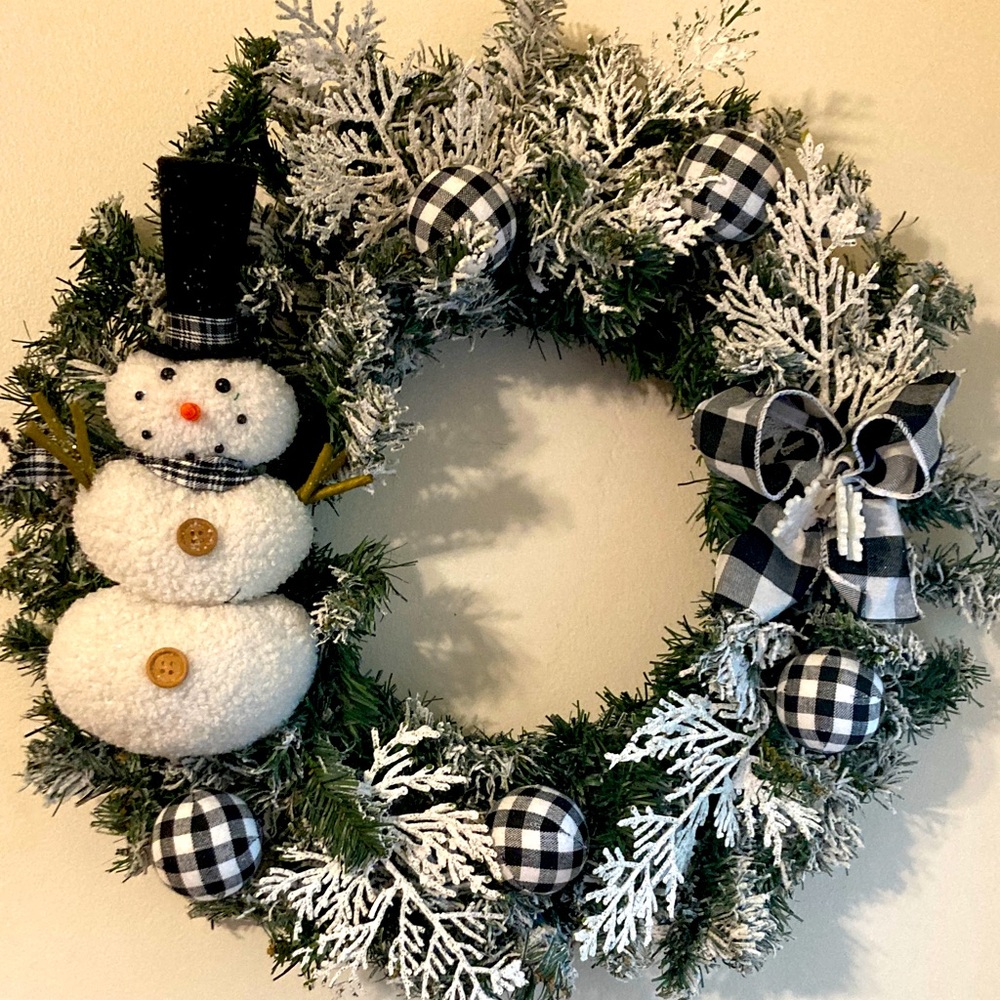 Hand Crafted Black White Green Snowman Holiday Wreath